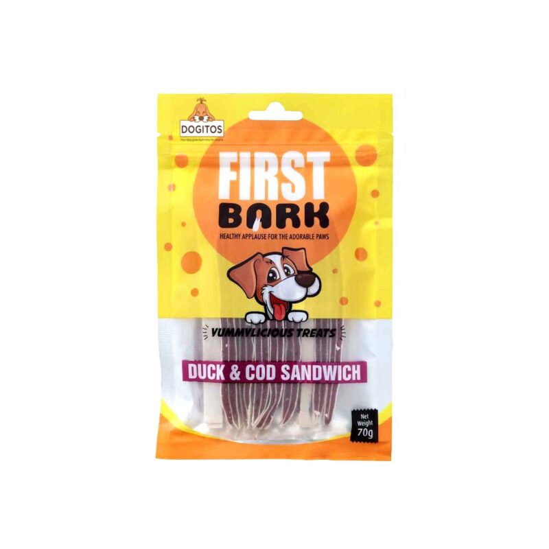 Dogitos First Bark Yummylicious Dog Treats 70G (Duck & Cod Sandwich vm pets mart
